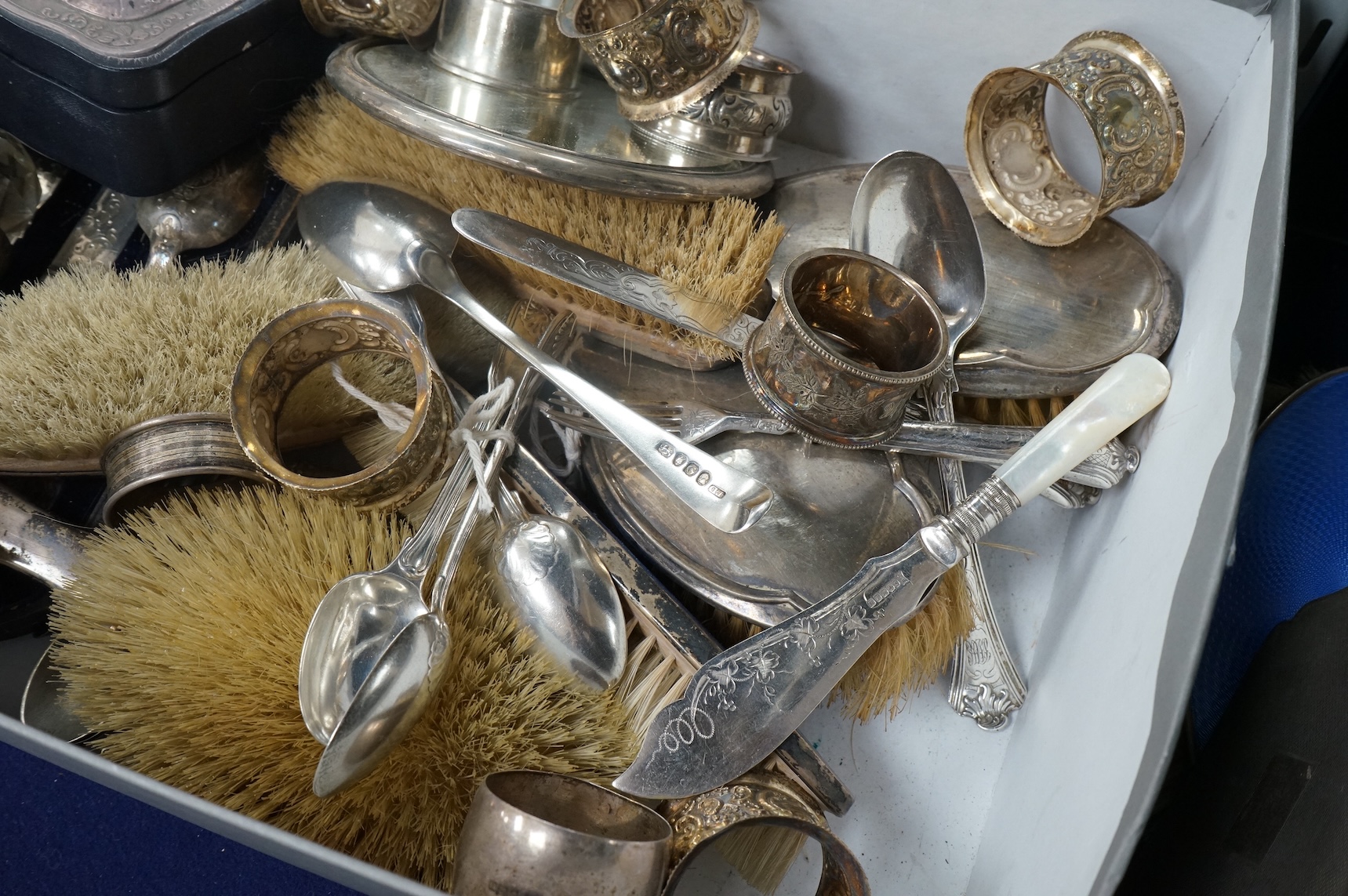 A quantity of assorted silver items including four silver and enamel clothes or hair brushes by Charles S. Green & Co Ltd, Birmingham, 1923, nine other mounted dressing table items, a Victorian christening trio, a set of